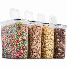 4 Pack Airtight Cereal & Dry Food Storage Container - BPA Free Plastic Kitchen and Pantry Organization Canisters for, Flour, Sugar, Rice, Nuts, Snacks, Pet Food & More (4L, 16.9 Cup, 135.5 Ounce