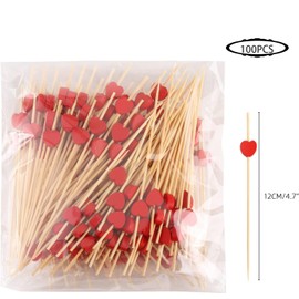 100 Pcs Red Heart Cocktail Picks, 4.7" Long Fruit Sticks Food Toothpicks Sandwich Appetizer Charcuterie Skewers, Handmade of Bamboo Wood For Birthday, Wedding, Valentines Day Decoration Party Supplies