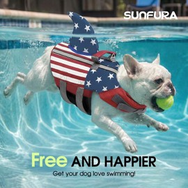 SUNFURA Dog Life Jacket Shark Life Vest for Dogs, Adjustable Swmming Vest with High Buoyancy, Safety Lifesaver with Rescue Handle for French Bulldog Small Medium Breeds, USA Flag L