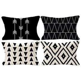 Tosewever Set of 4 Decorative Geometric 12 x 20 Inches Throw Pillow Covers - Modern Pattern Linen Rectangle Pillow Cushion Case for Sofa Couch Bed Home Outdoor Car (12" x 20", Black)