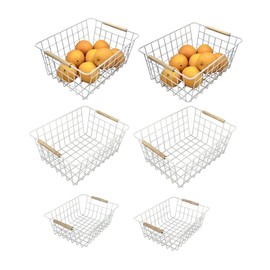 Evelots Wire Storage Baskets with Wood Handles-Pack of 6-Kitchen Cabinet, Pantry Shelf Organization, or Bathroom Metal Basket-Refrigerator/Freezer Organizer Bins-White