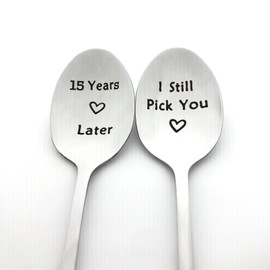Cenrren 15th Anniversary Spoon Set for Couples - '15 Years Later' & 'I Still Pick You' Engraved - Silver Stainless Steel - 2 Pieces - Perfect for Him & Her - Wedding