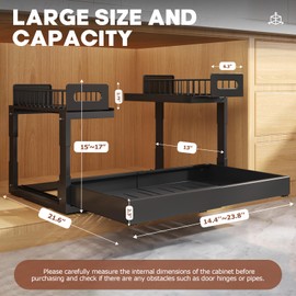 Biboraya 1 Pack-14.6-24.2" W Expandable Under Sink Organizer,2 Tier Slide Out Under Cabinet Organizer Shelf With Height Adjustable,Retractable Under sink Storage For Kitchen,Bathroom-Black