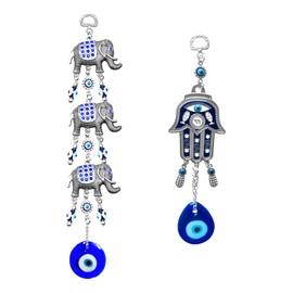 Decoración colgante de mal de ojo azul, amuleto nazar para colgar en la pared, protección del hogar y decoración de bendición (elefante + hamsa)