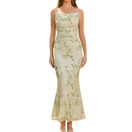 URYIAO Women's Summer Floral Spaghetti Strap Maxi Dress Sleeveless Ruched Mesh Bodycon Long Wedding Guest Dresses S Green
