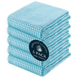HEIRLOOM COMFORT 5 Pack Dual Tone Waffle Weave Kitchen Towels, 16x26 Inch, 100% Cotton, Super Absorbent, Fast Dry Dishcloth Set, Soft and Durable, Aqua Blue