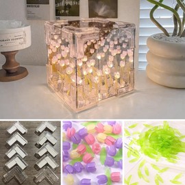 YOGONEV DIY Lámpara de Tulipanes en Cubo,Lampara de Tulipanes Infinitos Con Espejo,Lampara de Flores,Romántico Decorativo Flower Hecha a Mano Night Luz Para Regalo de Dormitorio,la Fiesta (Rosa)