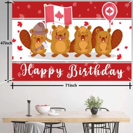 Happy Birthday Canada Day Banner Backdrop Beaver Maple Leaf Canadian Flag Background Decorations for 1st of July The National Holiday of Canada Celebration Party Favors Decor Supplies 73"x 43"