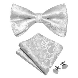 Gusleson Mens Silver Bow Tie Pocket Square Set for Wedding Pre-Tied Silk Paisley Bowties Handkerchief Cufflinks for Party (UK0497-27)