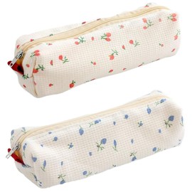 PMTFUMY 2-Pack Cute Big Capacity Pencil Case Set for Girls ，Pink & Blue Floral Canvas Bags for Stationery Storage