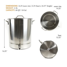 GasOne 10 Gallon Stainless Steel Home Brew Kettle Pot Pre Drilled 4 PC Set 40 Quart Tri Ply Bottom for Beer Brewing Includes Stainless Steel Lid, Thermometer, Ball Valve Spigot - Home Brewing Supplies