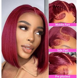 FATIAO 99j Burgundy Bob Wig Human Hair 180% Density 13x6 HD Transparent Lace Front Wigs Human Hair Pre Plucked Short Bob Glueless Straight Wigs for Women 16inch