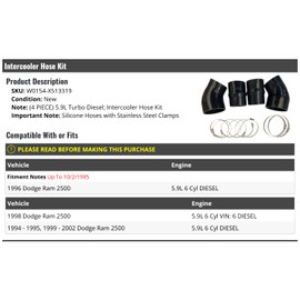 Intercooler Hose Kit - 4 Piece - Compatible with 1994-1996, 1998-2002 Dodge Ram 2500 5.9L Turbo Diesel (Up To 10/2/1995)