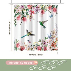 Spring Floral Shower Curtain for Bathroom, Hummingbird Shower Curtains with 12 Hooks Colorful Butterfly Flower Bird Shower Curtain for Spring Bathroom Decor, Waterproof 72 X 72 Inch