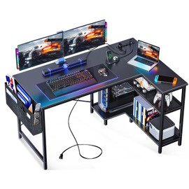ODK 48 Inch Small L Shaped Gaming Computer Desk with Power Outlets, Corner Desk with Reversible Storage Shelves & PC Stand for Small Space, Modern Simple Home Office Table, Carbon Fiber Surface, Black