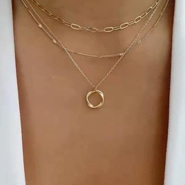 Warmhope Stackable Multi-layered Gold Necklace for Women 14K Gold Plated Paperclip Chain with Round CZ Pendant Minimalist Jewelry Set Elegant Accessories for Her Birthday Anniversary Everyday Style