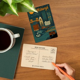 Pittsburgh, Pennsylvania, Retro Skyline, Classic (4x6 Birch Wood Postcards, 2-Pack Stationary, Rustic Home Wall Decor)