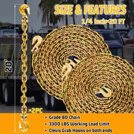 SENKEYFE 1/4" Tow Chain|G80 Log Chain with G70 Clevis Grab Hooks for Towing|20 FT Heavy Duty Chain Wll 3300 Lbs|Trailer Transport Safety Chain for Towing Truck Tie Down Binding Equipment(2 Pack)
