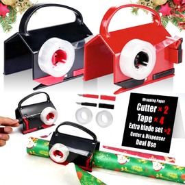 2-in-1 Wrapping Paper Cutter & Tape Dispenser, Gift Wrap Cutter Tool with 4 Clear Tape Refills, Straight Cut Paper Roll Slicer with Replaceable Blade, Christmas Gift Wrapping Tool for Holiday Packing