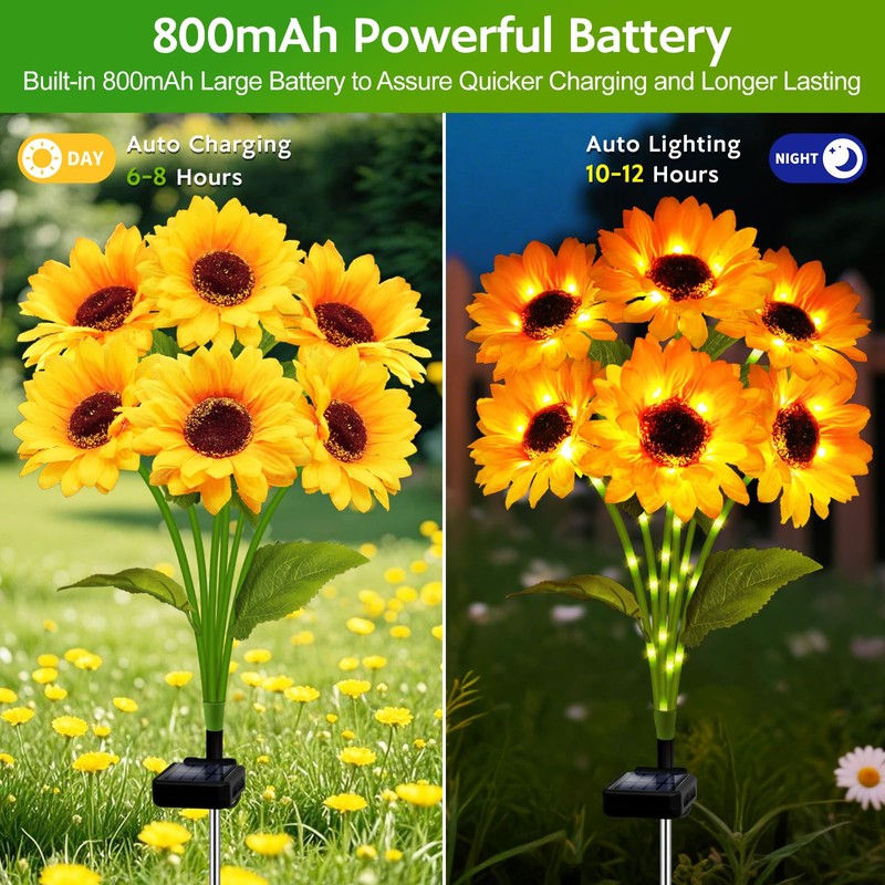 Solar Sunflower Lights Outdoor Garden Decor, 6 Pack Solar Flowers