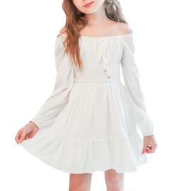 Simplee kids Girls Dresses Fall Long Sleeve Dress for Girl Tween Off Shoulder Smocked Dresses Size 10-11 Years White