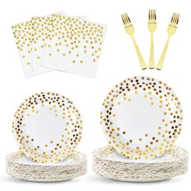 White and Gold Party Supplies,Disposable Party Dinnerware,Golden Dot Paper Plates,Napkins,Forks for Wedding,Birthday,Cocktail Party,Anniversaries,Engagements Serve 25