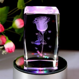 GracesDawn K9 Crystal Material 3D Laser Etched Crystal Rotating Rose -4 led Colorful Lights Can be rotated