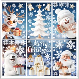 150PCS Christmas Window Clings, 9 Sheet Christmas Window Stickers Santa Claus Xmas Tree Snowflake Window Clings, Double Sided Stereo Static Window Stickers for Christmas Window Décor (Christmas-White)