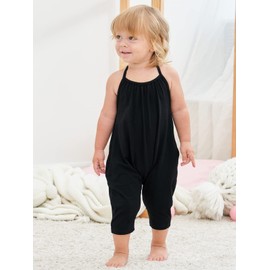 Lindanina Slouch Jumpsuit for Toddlers Harem Strap Romper Little Girls Backless Halter Playsuit with Pockets Cute Solid One Piece(Black, 4-5T)