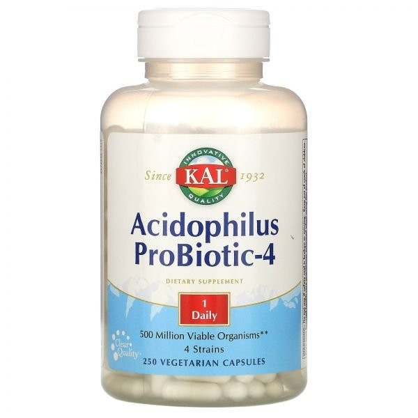 Kal Acidophilus Probiotic-4 Lactobacillus Vegetarian Capsules 250 tablets, 1 unit, 100 tablets × 2 units / Kal 애시도필러스 프로바이오틱-4 유산균 베지테리안 캡슐 250정, 1개, 100정 × 2개