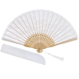 choyaxo Lace Handheld Chinese Folding Fan Bamboo Silk Folding Fan for Women Wedding Decoration Dancing Party, White