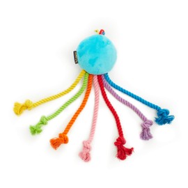 PetLondon Rainbow Octopus Puppy Teething Rope Chewing Toy 12" - Soft Plush Puppy with Squeaker Inside - 7 Dangling Multicolour Rope Legs - Great Tug Training Teething Toy With Flossing Action