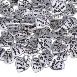60 Pack Antique Silver Heart Charm Made with Love Charm Pendant for DIY Crafting Jewelry Making Findings Accessories