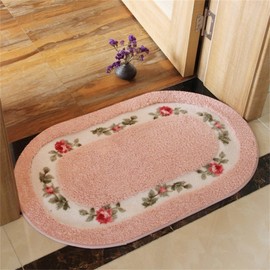 Pretty Floral Rural Style Rug, Soft Non-Slip Embroidered Oval Doormat Floor Mat Bath Mat, Bathroom Shower Rug Bedroom Living Room Carpet (15.7x23.6inches, Pink)