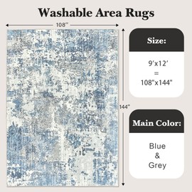 Art&Tuft Washable Rug, Anti-Slip Backing Abstract 9x12 Rug, Stain Resistant Rugs for Living Room, Foldable Machine Washable Area Rug (TPR53-Blue, 9'x12')
