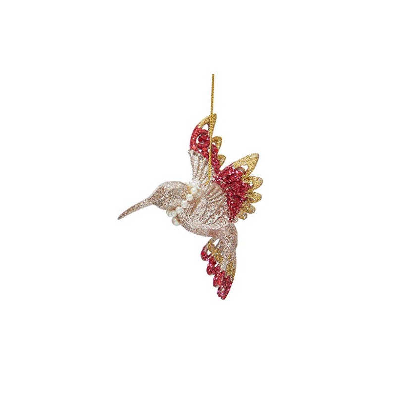 Hummingbird Ornament 4.25 Inch Red Ruby and Platinum Glittered