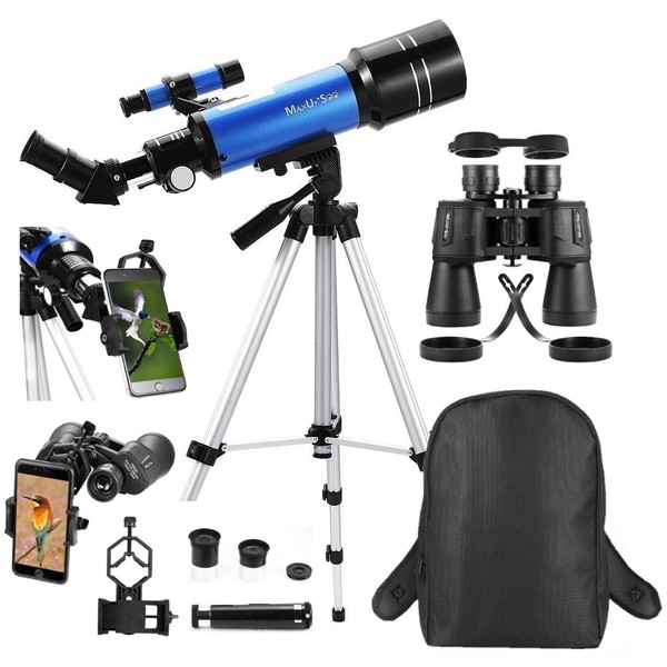 MaxUSee Travel Telescope with Backpack - 70mm Refractor Telescope & 10X50 HD Binoculars Bak4 Prism FMC Lens for Moon Viewing Bird Watching Sightseeing
