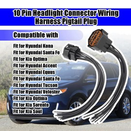 10 Pin Headlight Connector Wiring Harness Pigtail Plug Compatible with Hyundai Kona Santa Fe Accent Equus Tucson Veloster Kia Optima Sorento Soul Replace for HP066-10021 E72A10 921014Z500 (2Pcs)
