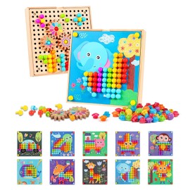 Educational Wooden Mosaic Puzzle Toy Set for Kids-Includes 10 Templates,180 Colorful Pegs,Storage Board|Ideal for Fine Motor Skills and Creativity Development | Ages 3+
