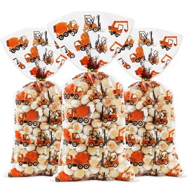 100 Pieces Construction Digger Excavator Crane Cement Truck Theme Plastic Cellophane Bags Goodie Favor Bags Candy Treat Bags Gift Bags with 100 Pieces Golden Twist Ties for Kids Boys Party Supplies