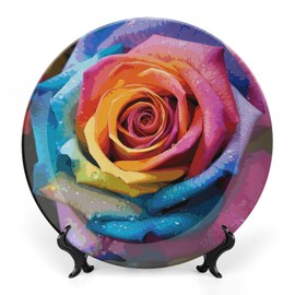 TKJMCSW Rainbow Rose Flower Bone China Decorative Plate Decorative Plates China Dinner Plates Decorative Plates For Display Ceramic Decorative Plate With Vertical Stand 10inch