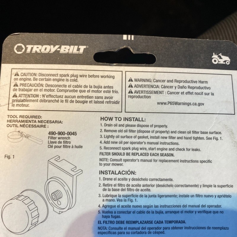 Troy-Bilt OEM Oil Filter 951-12690 751-12690 751-1150 Black, OHV 420cc