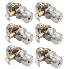 KNOBWELL Keyed Alike Door Locks in Brushed Nickel Finish, Keyed Entry Door Knob for Exterior Interior Door, Combo Pack Cylindrical Shape Shape Door Knobs, Exterior Door Handle, 6 Pack