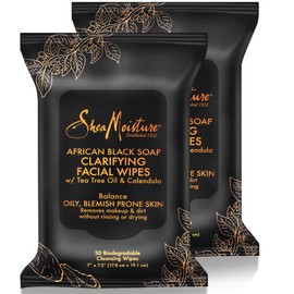 Shea Moisture Makeup Remover Face Wipes, African Black Soap, With Tea Tree Oil & Calendula, Removes Makeup & Dirt to Clarify Oily Blemish Prone Skin, Pack of 2, 30 Wipes Per Pack