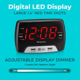 Westclox Large 1.4” Red LED Digital FM Clock Radio with Dual USB A & C Charging Ports, Adjustable Brightness, Dual Alarms & Sleep Timer – Modern Alarm Clock for Bedroom, Home, or Office (Black)