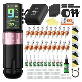 Kit De Máquina De Tatuar Inalámbrica Con 7 Longitudes De Pasada, Batería De 2300 Mah, 11 Tintas Para Tatuar Y 20 Cartuchos De Agujas. Ideal Para Principiantes Y Profesionales