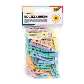 folia 2289 Wooden Pegs, Pastel Pack of 48, in 3 Different Sizes and 6 Different Colours, Ideal for Attaching Notes, Pictures or for Creative Work