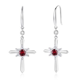 FANCIME Garnet Cross Dangle Drop Earrings 925 Sterling Silver Dainty Round January Birthstone Earring Fine Jewelry Birthday Gifts for Her Women