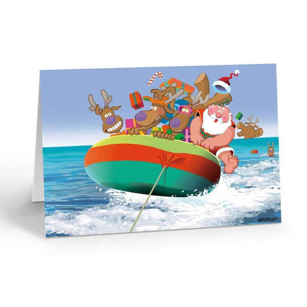 Santa and Reindeer Boat Tow Christmas Card - 18 Boxed Cards & Envelopes - Nautical Christmas Cards