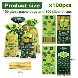 100 Pcs St. Patrick's Day Cellophane Bags, 5 x 10.5 Inches Treat Bags Irish Lucky Bags Shamrock Cellophane Candy Bags with Twist Ties for St. Saint Patrick Day Party Favor Supplies